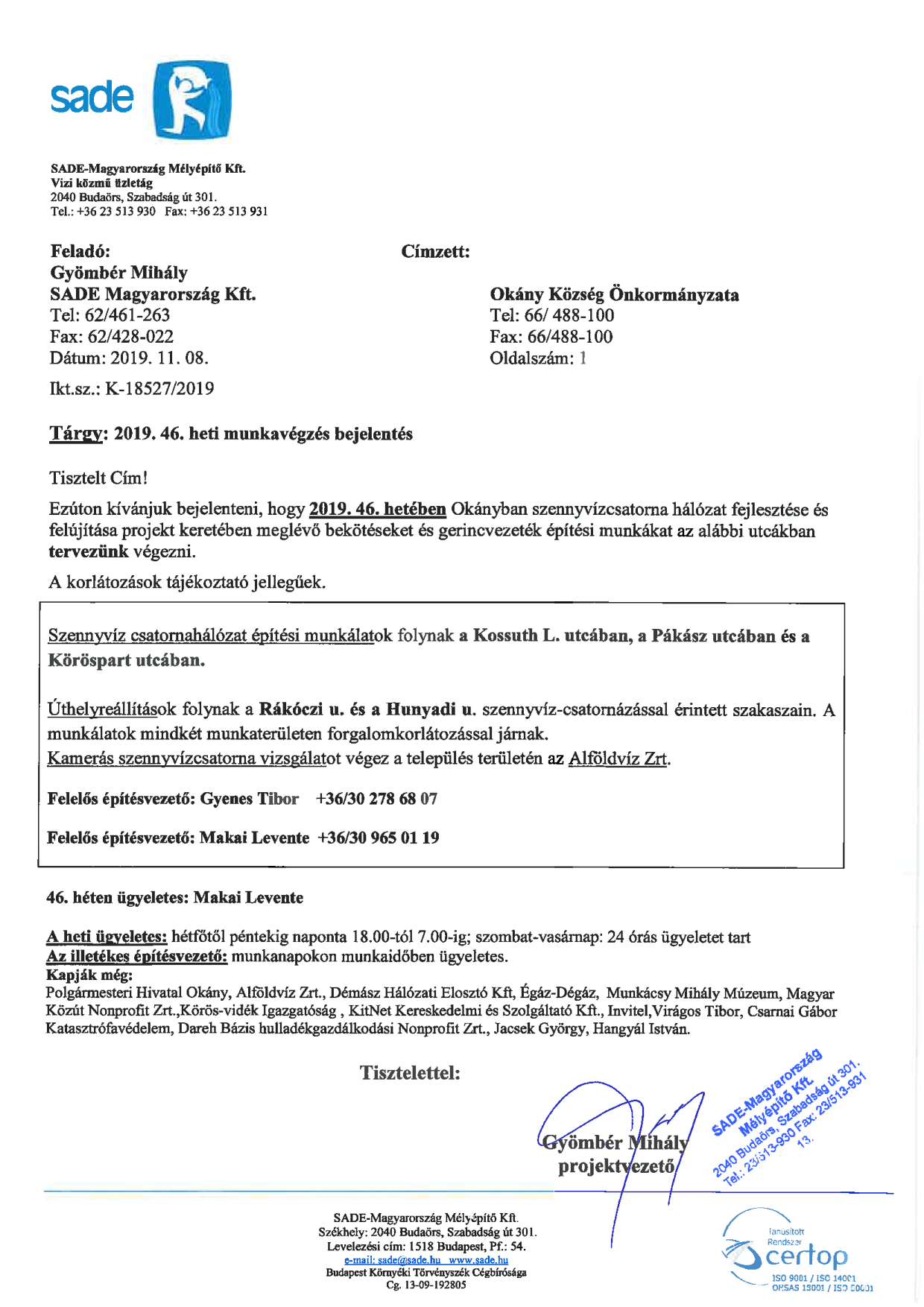 Értesítés munkavégzésről (46.hét)