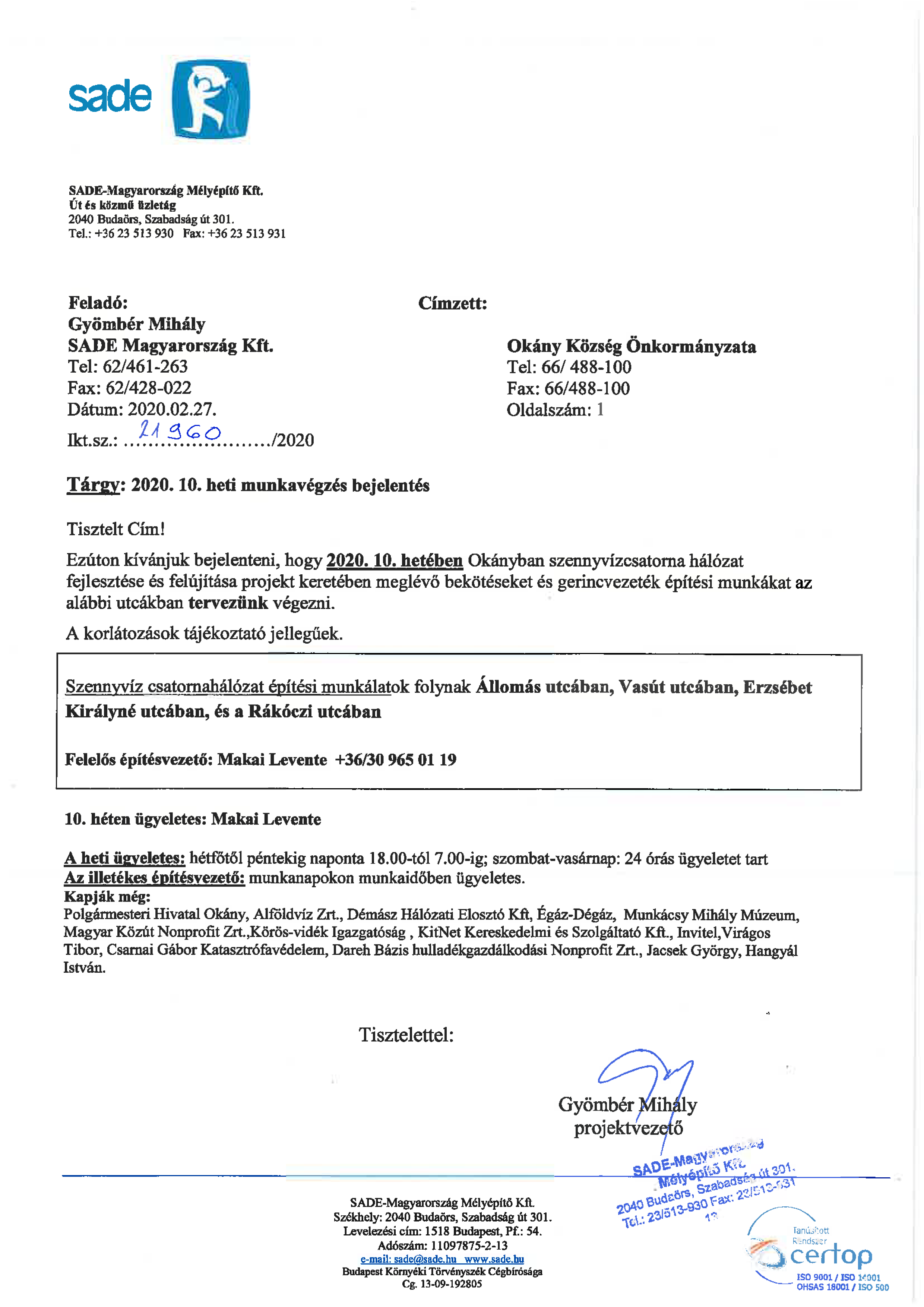 Értesítés munkavégzésről (2020. 10. hét)