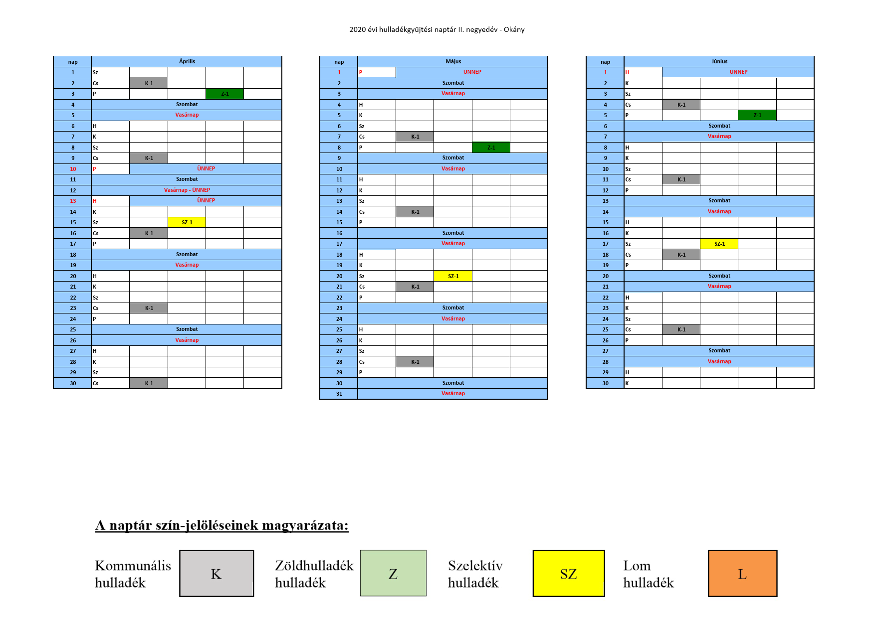 2020. II. negyedévi hulladékszállítás időpontjai
