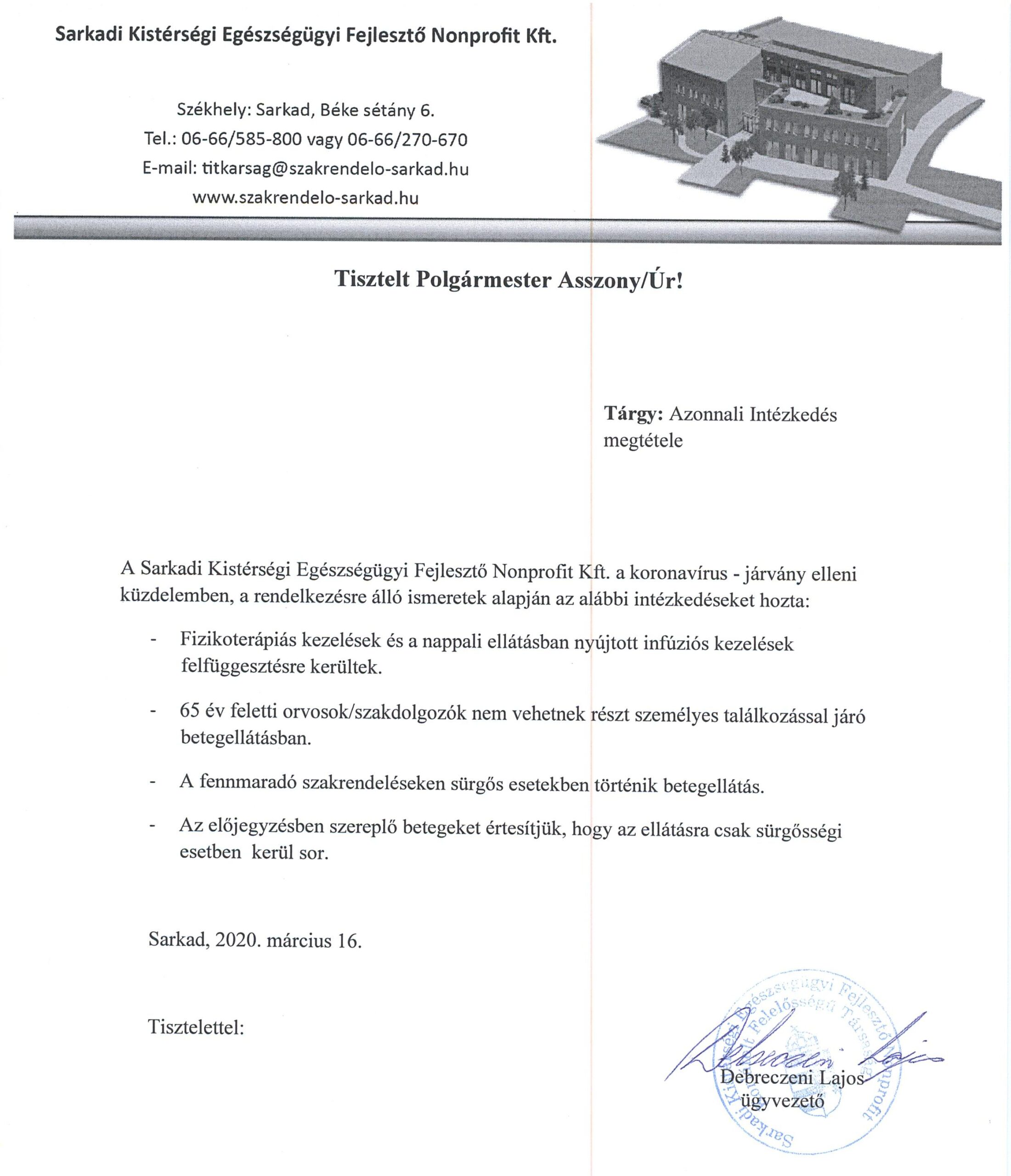 Sarkadi Kistérségi Egészségügyi Fejlesztő Nonprofi Kft. intézkedései