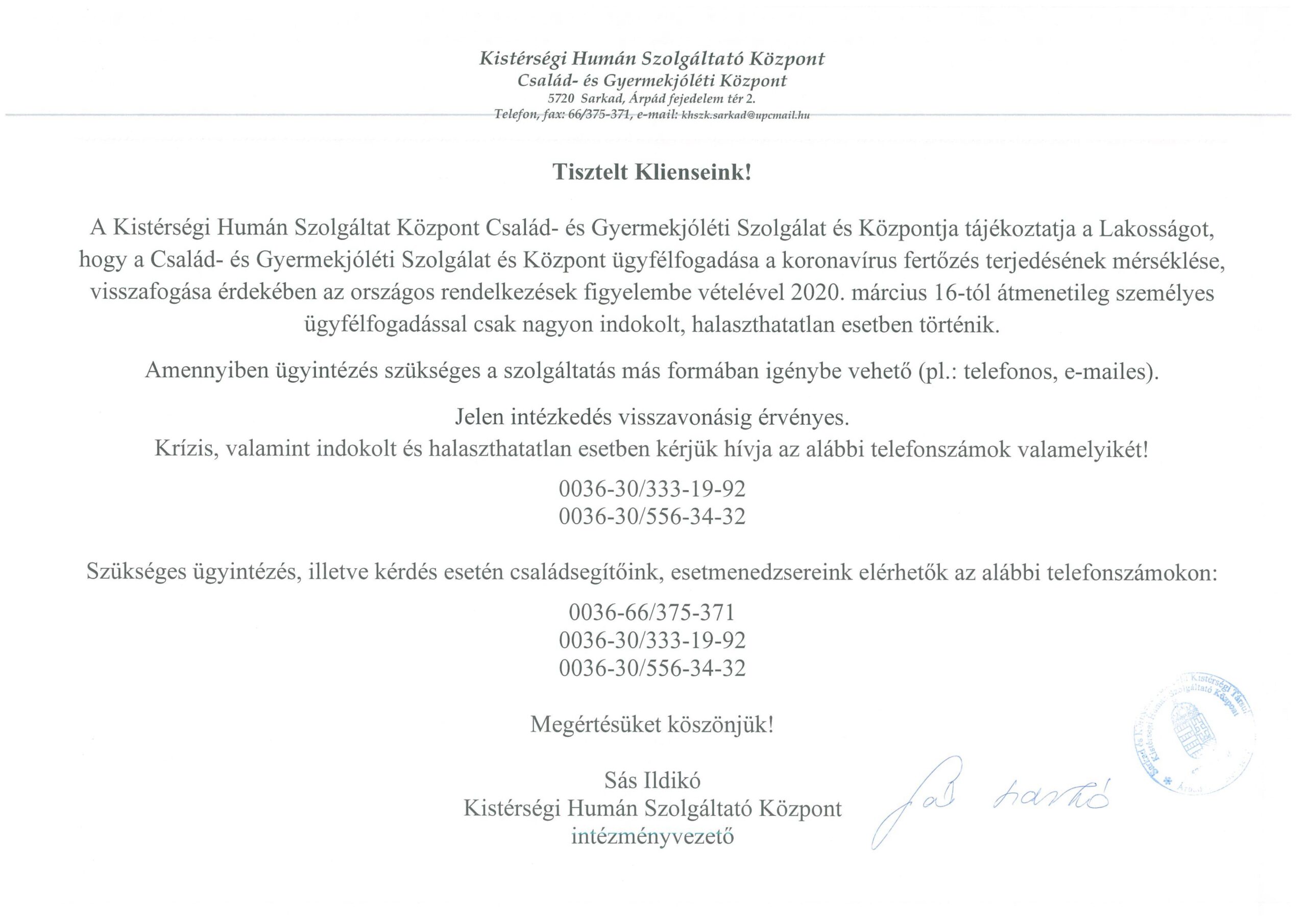 Család- és Gyermekjóléti Szolgálat és Központ ügyfélfogadás