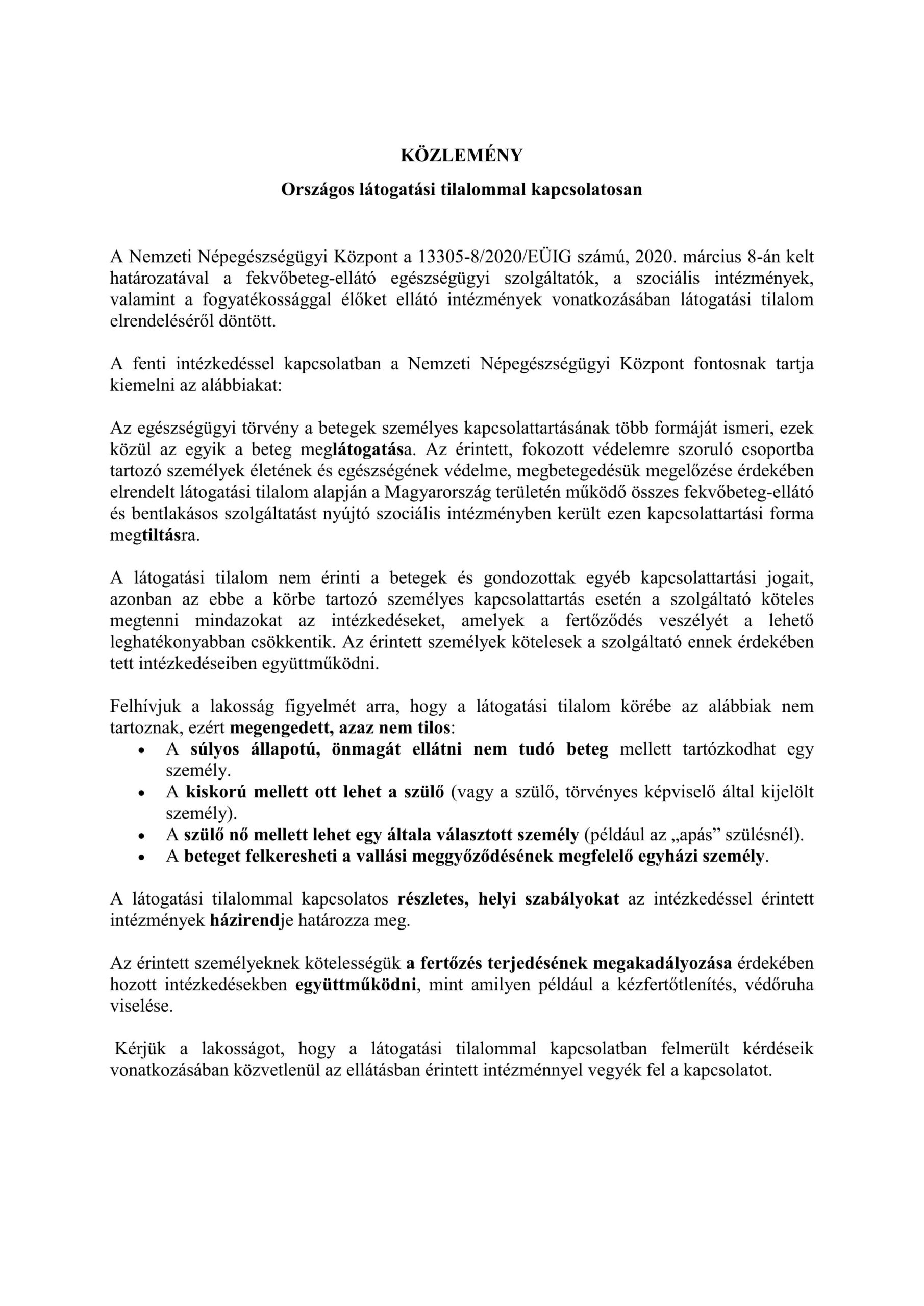 Közlemény: Országos látogatási tilalommal kapcsolatosan