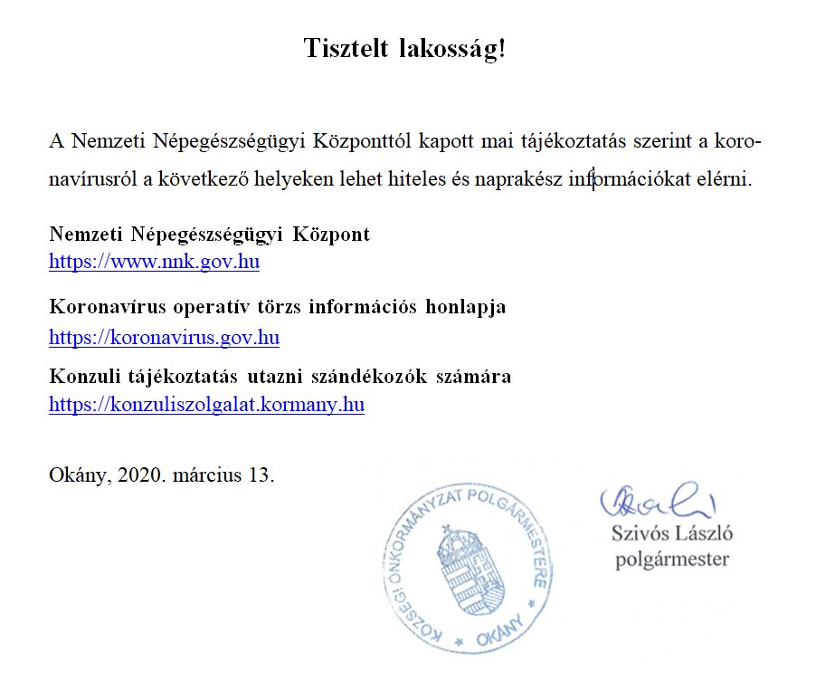 Koronavírus tájékoztatás II.