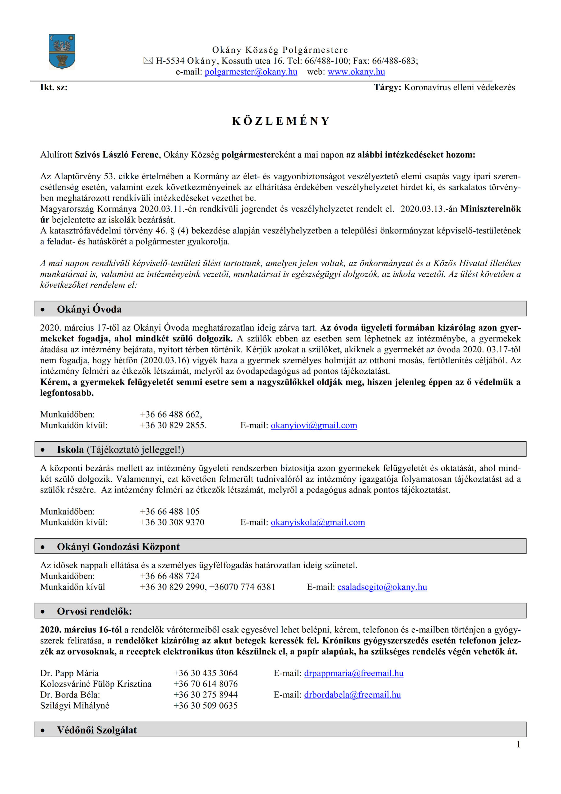 Lakossági tájékoztató: Koronavírus elleni védekezés