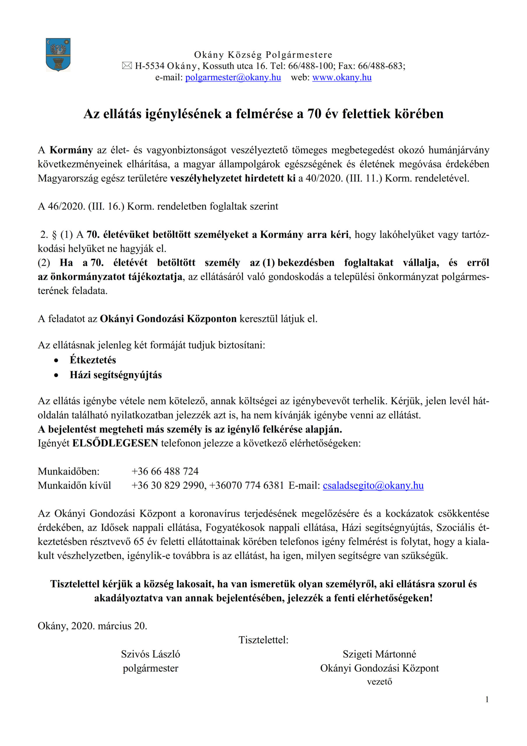 Ellátás igényének felmérése a 70 év felettiek körében