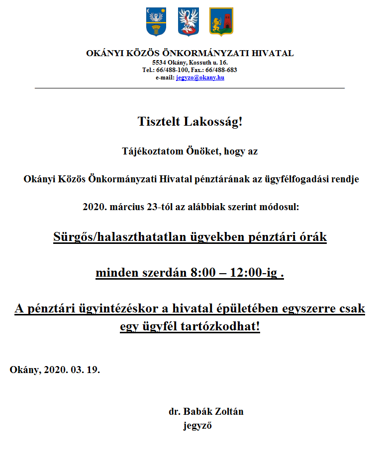 Pénztári ügyintézés korlátozása