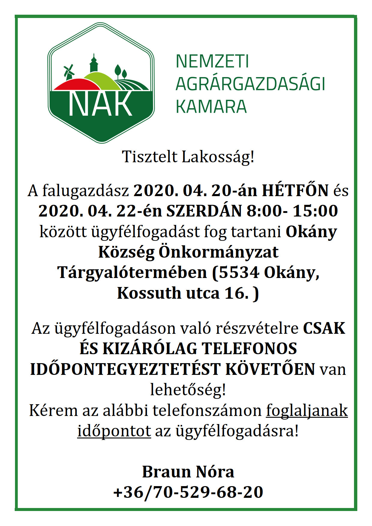 Falugazdász ügyfélfogadás támogatás igénylése céljából