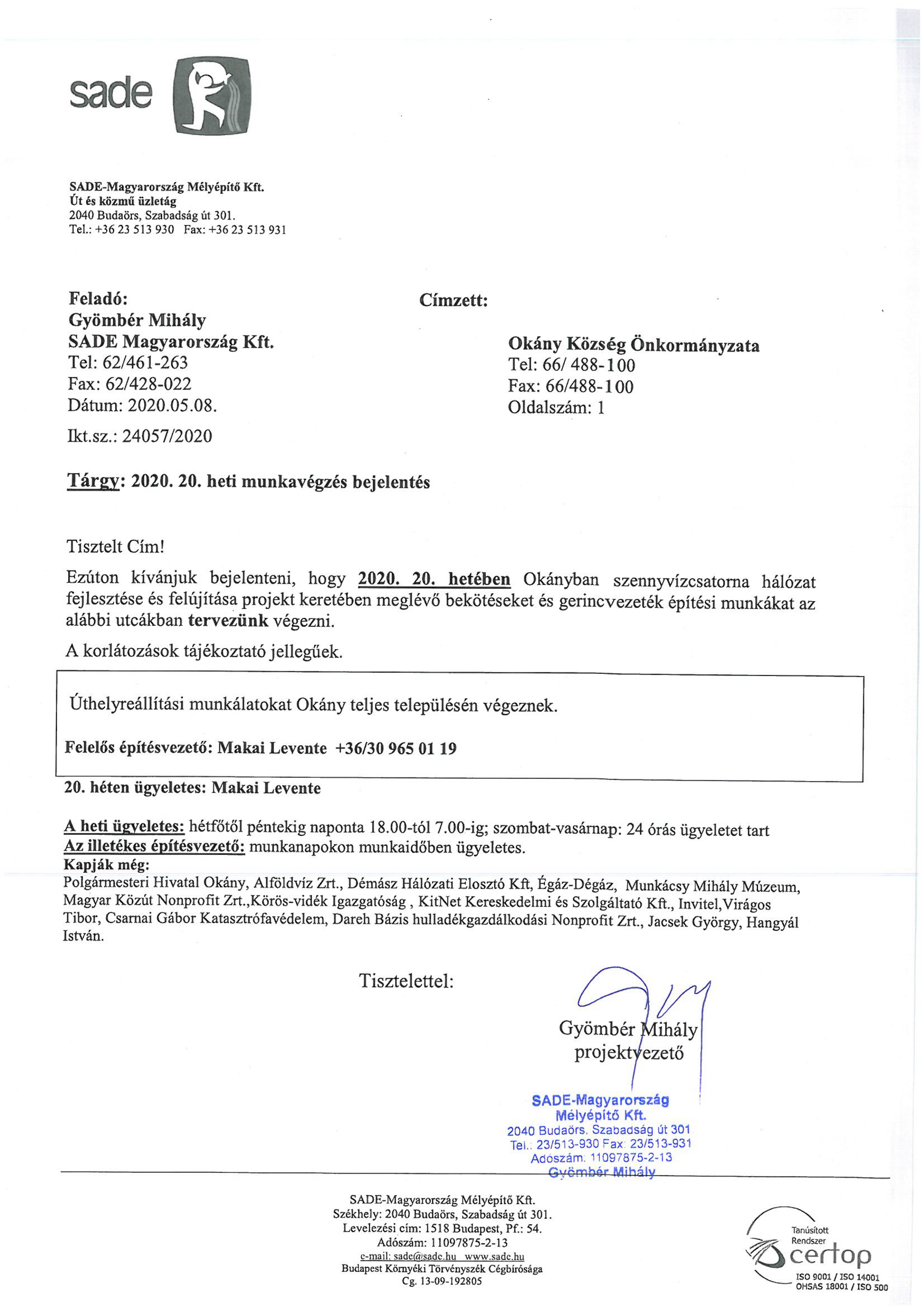 Értesítés munkavégzésről (2020. 20. hét)