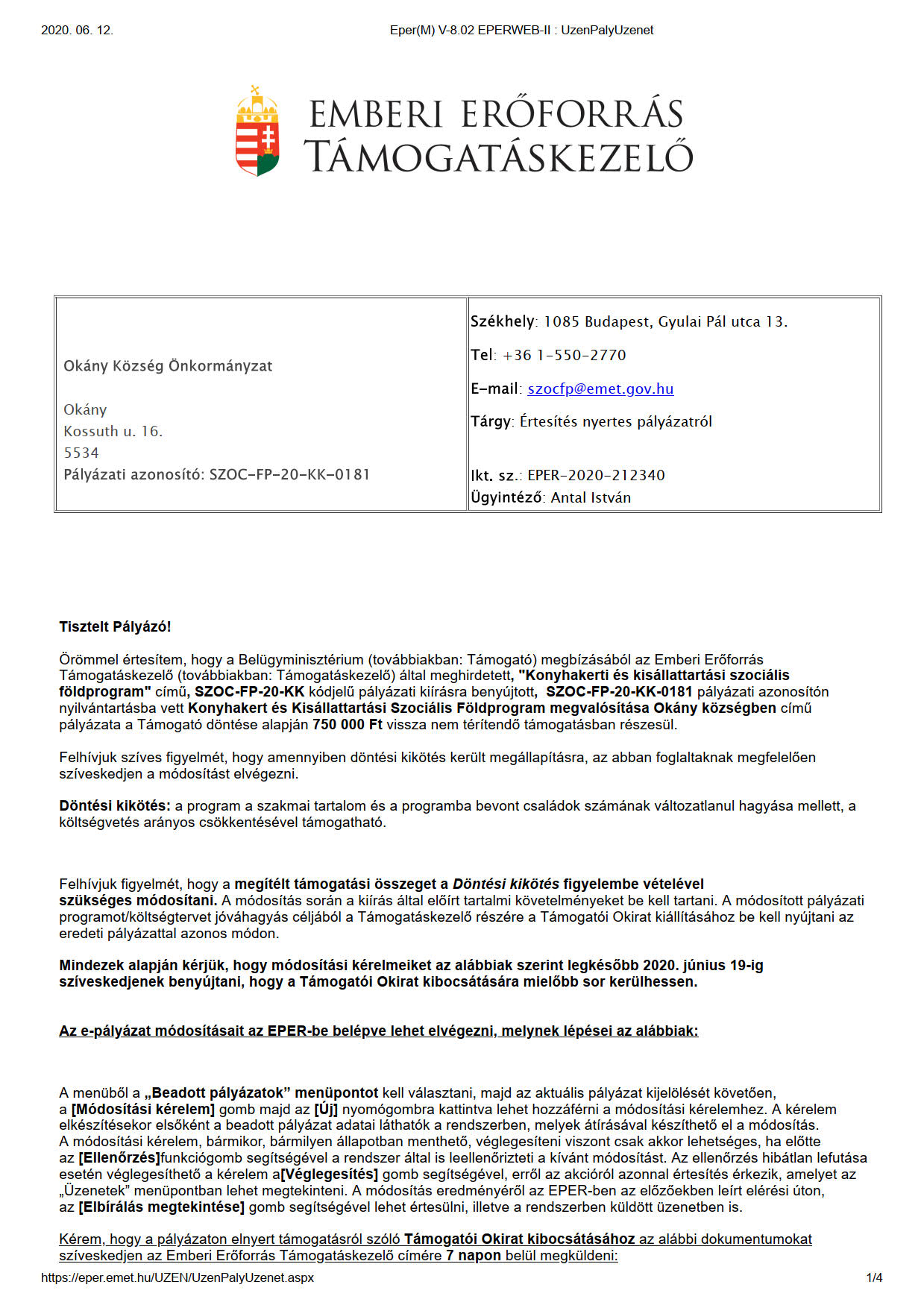 Szociális Földprogram 2020 évi támogatás