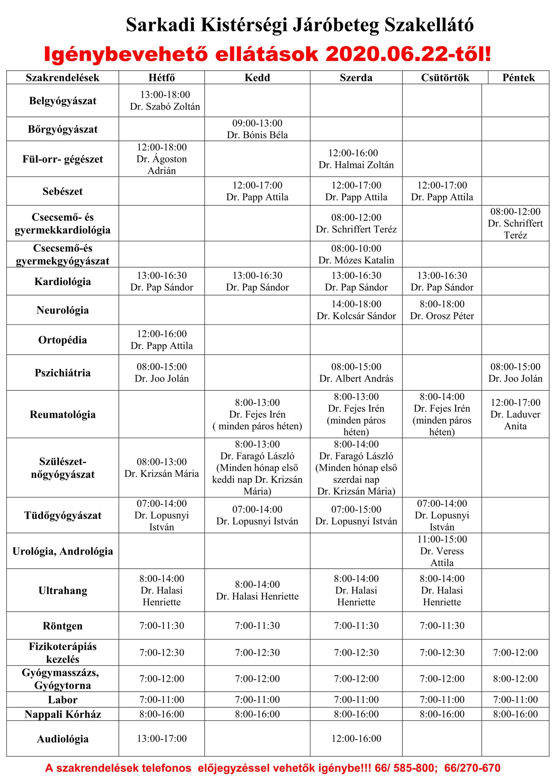 Sarkadi Kistérségi Járóbeteg Szakellátóban igénybevehető ellátások