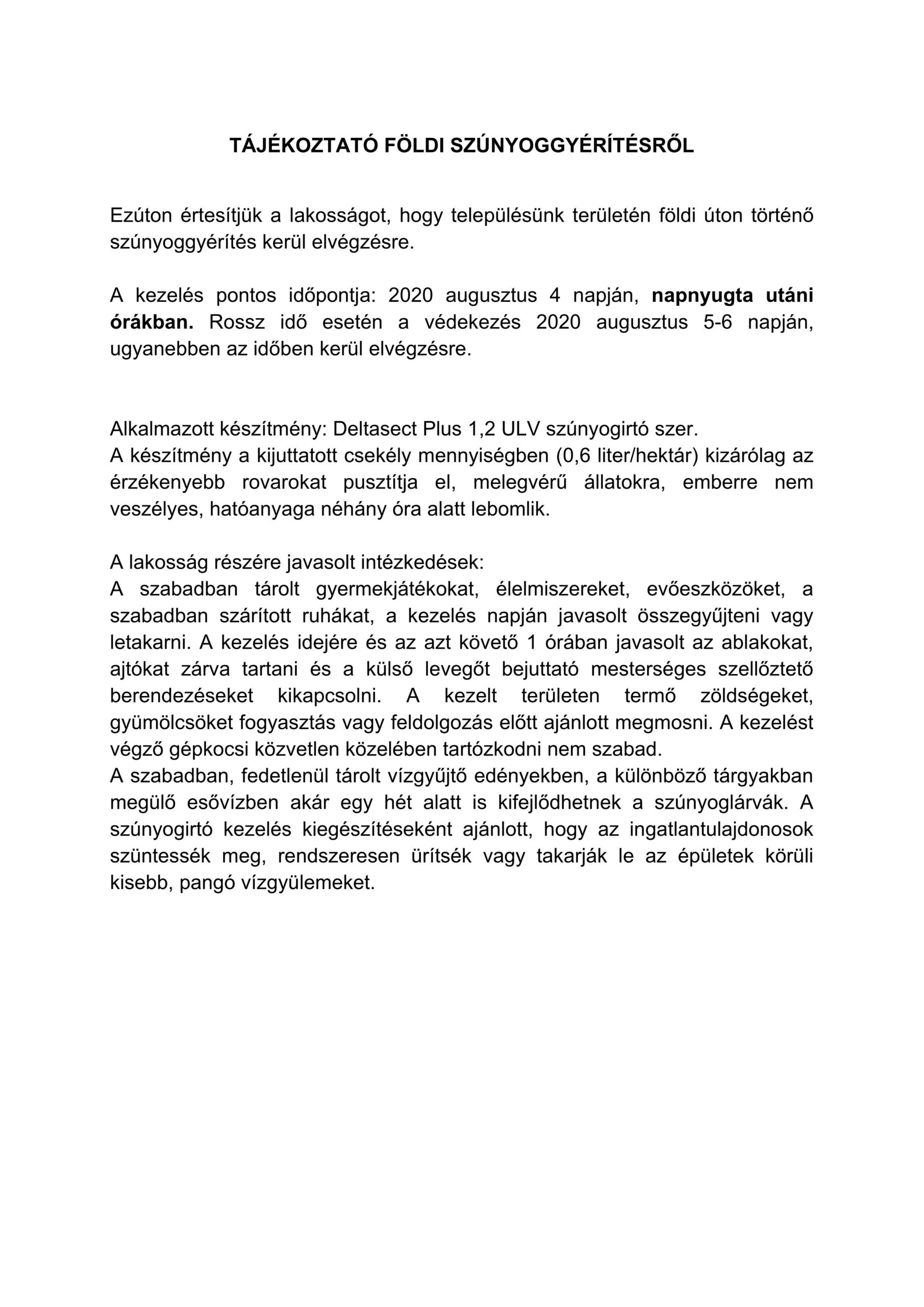 Értesítés Szúnyoggyérítésről