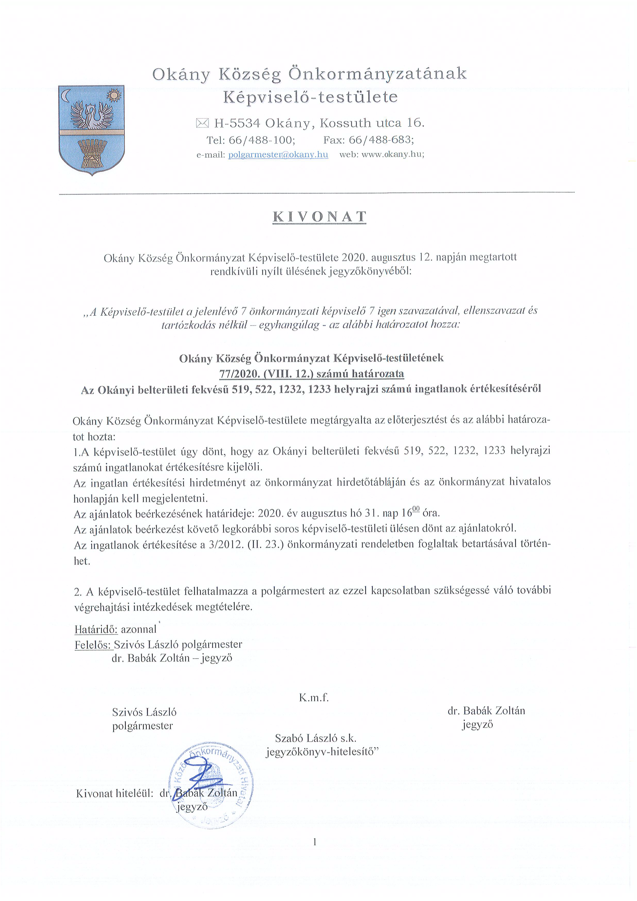 Hirdetmény ingatlanok értékesítéséről