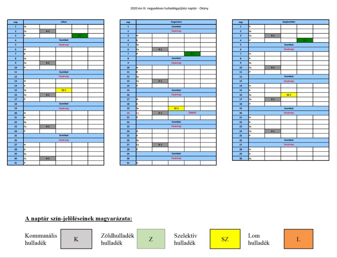 DAREH 2020. III. negyedévi hulladékgyűjtési naptár Okány