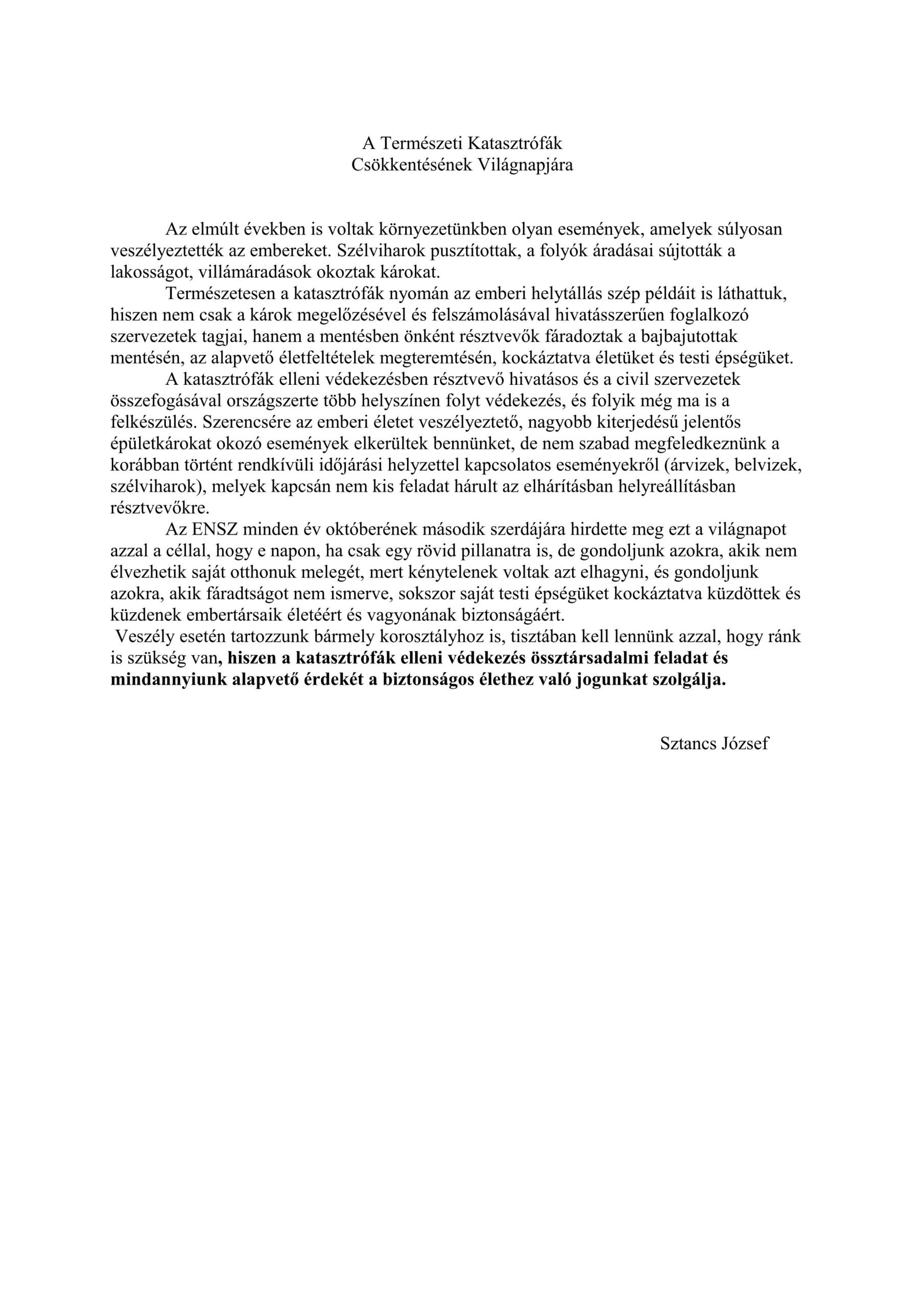 A Természeti Katasztrófák Csökkentésének Világnapjára