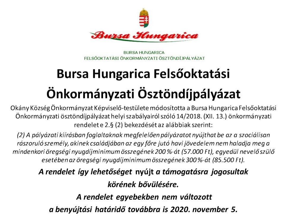 Bursa Hungarica Felsőoktatási Önkormányzati Ösztöndíjpályázat módosítás