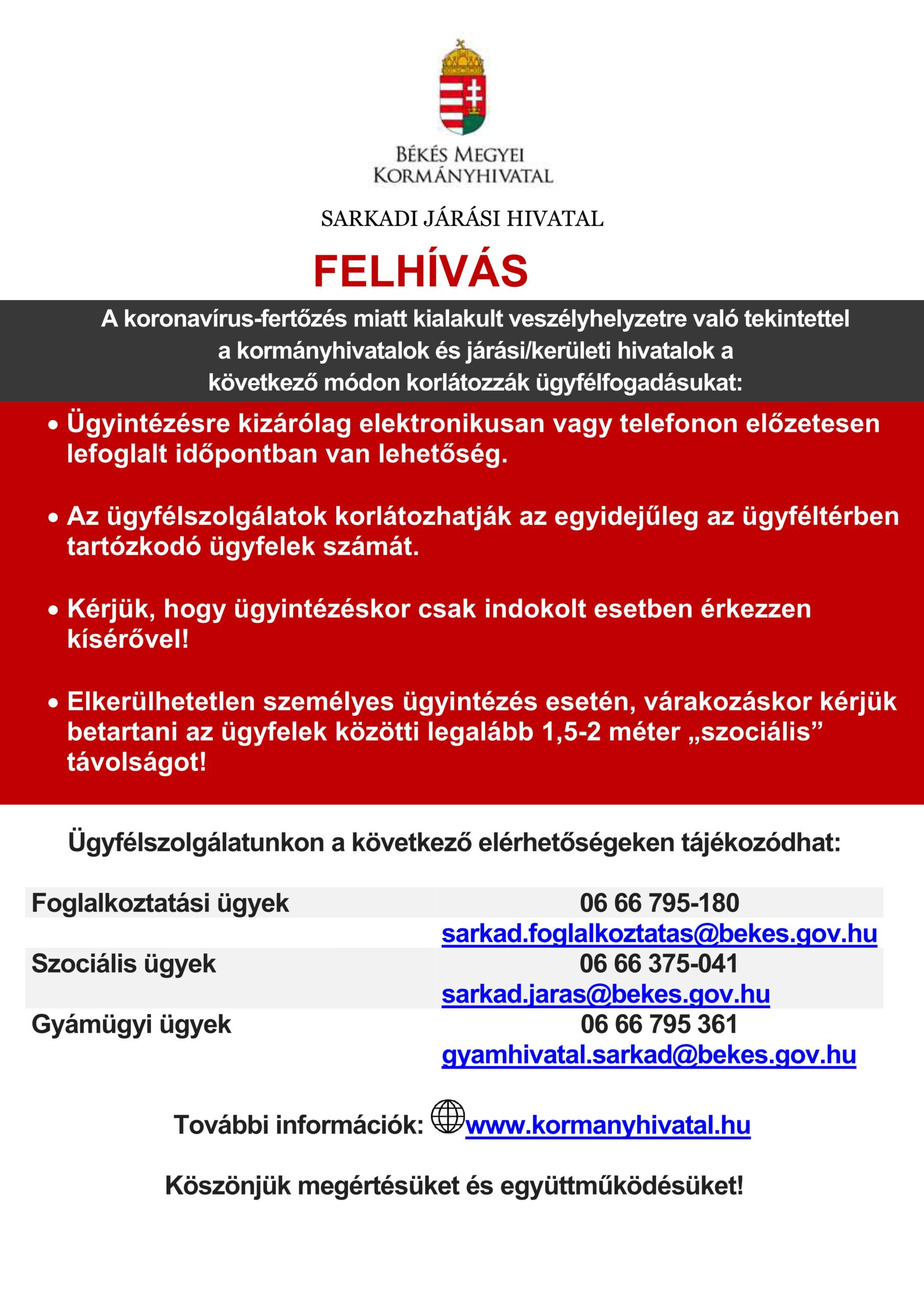 A Sarkadi Járási Hivatal tájékoztatása