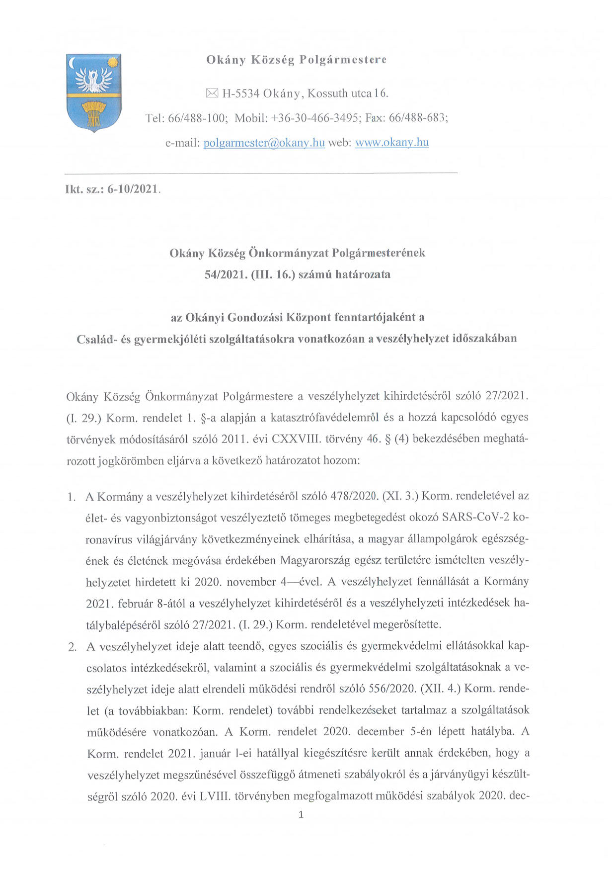 Polgármesteri határozat a család- és gyermekvédelmi szolgálatról veszélyhelyzet idején