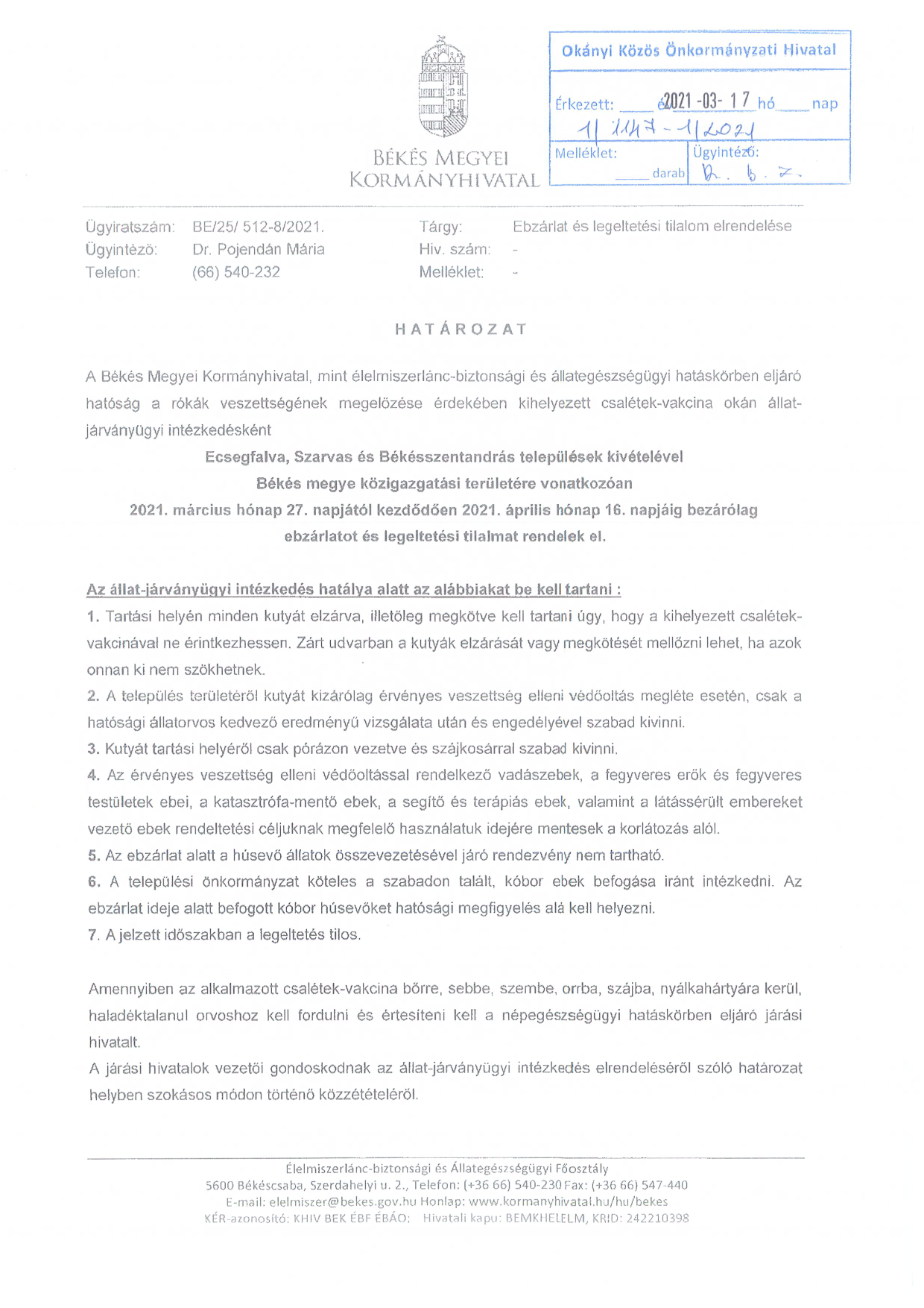 Ebzárlat és legeltetési tilalom elrendelése