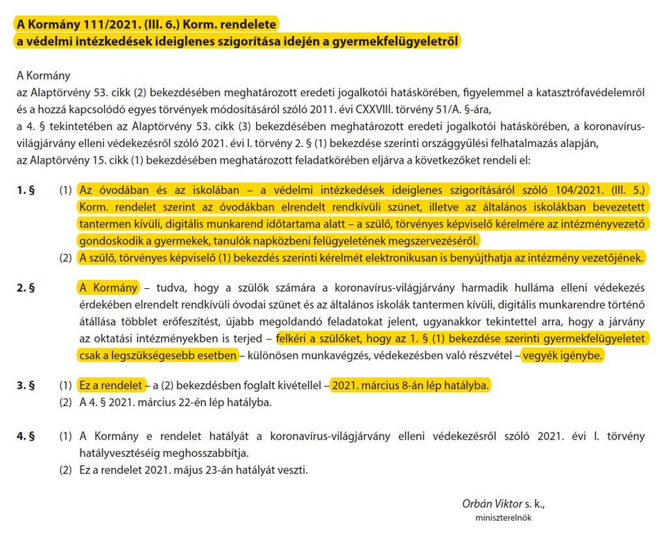 111/2021. (III. 6.) Kormány rendelet a gyermekfelügyeletről