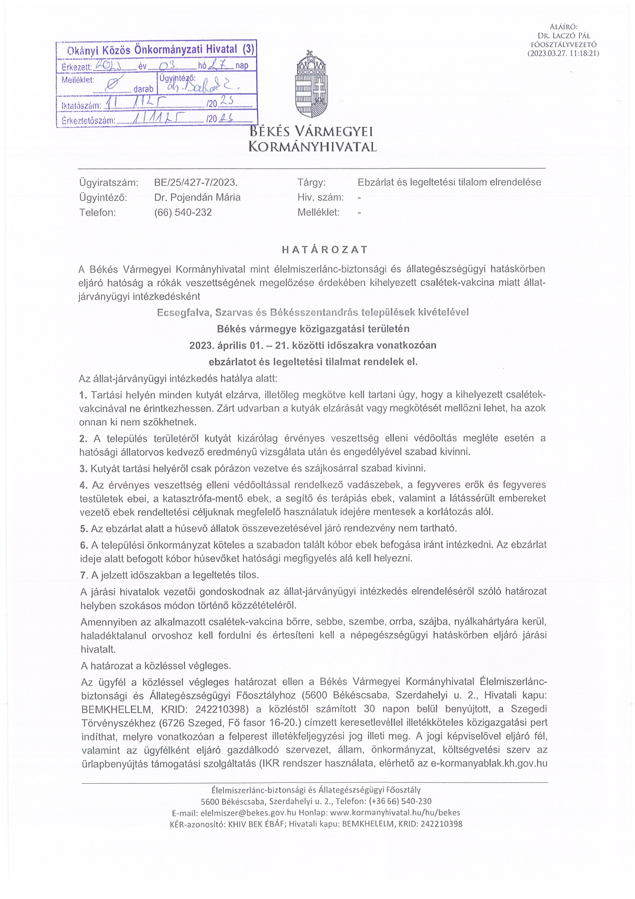 Ebzárlat és legeltetési tilalom elrendelése