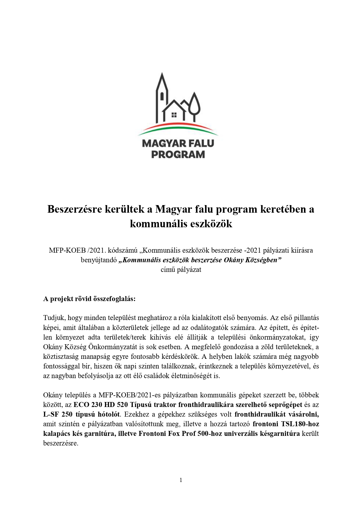 Magyar Falu Program Kommunális eszközök beszerzése