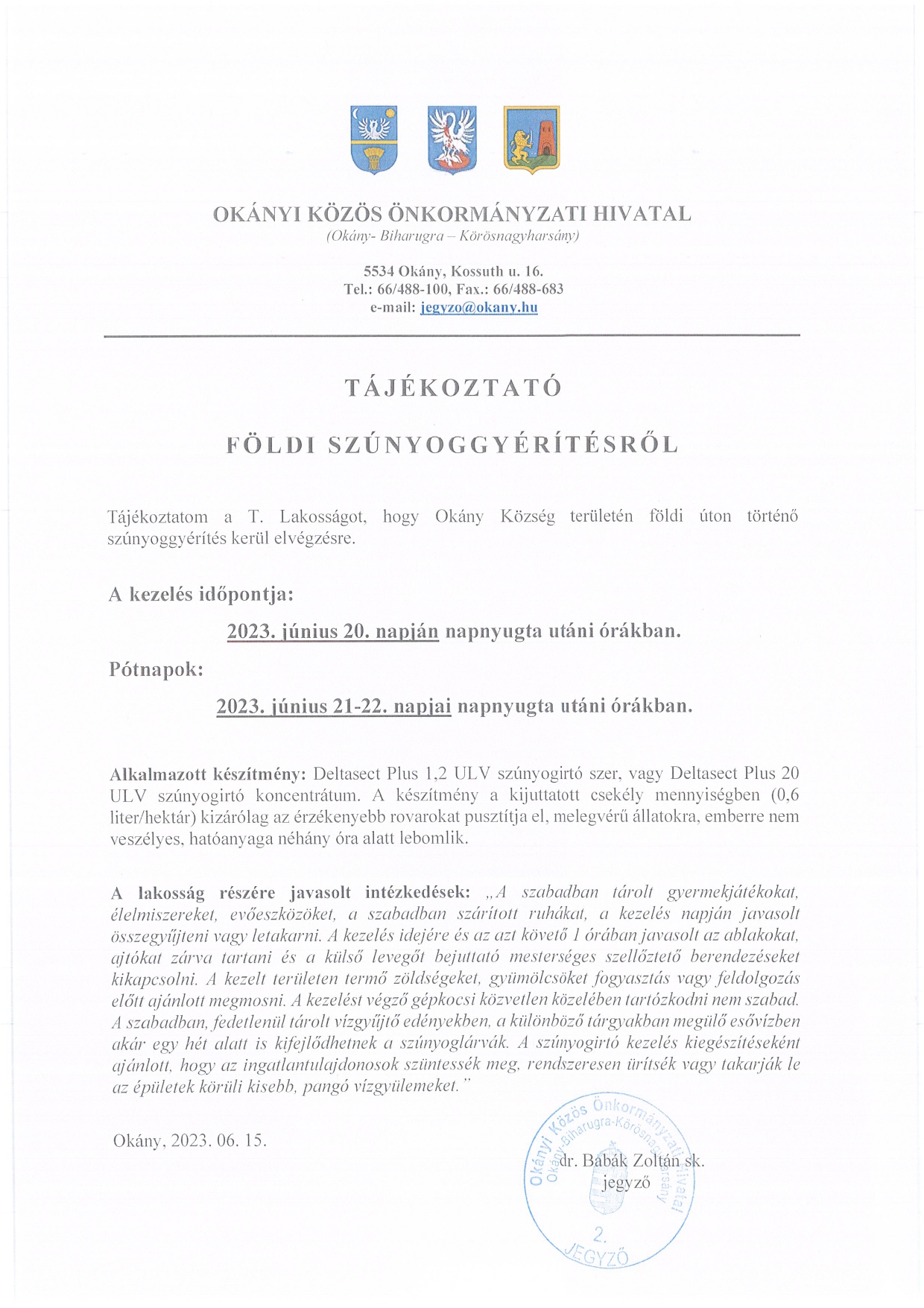 Tájékoztatás földi szúnyoggyérítésről