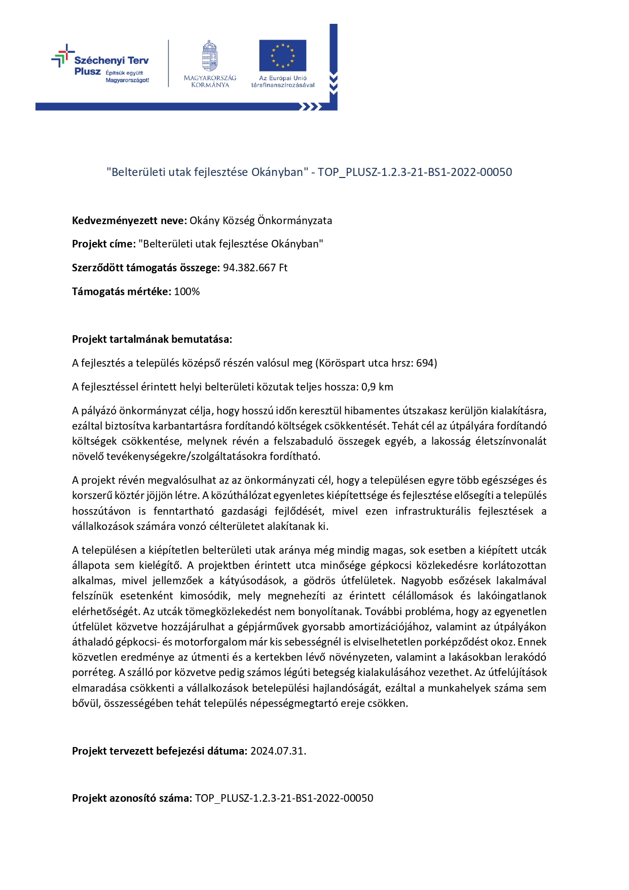 Belterületi utak fejlesztése Okányban