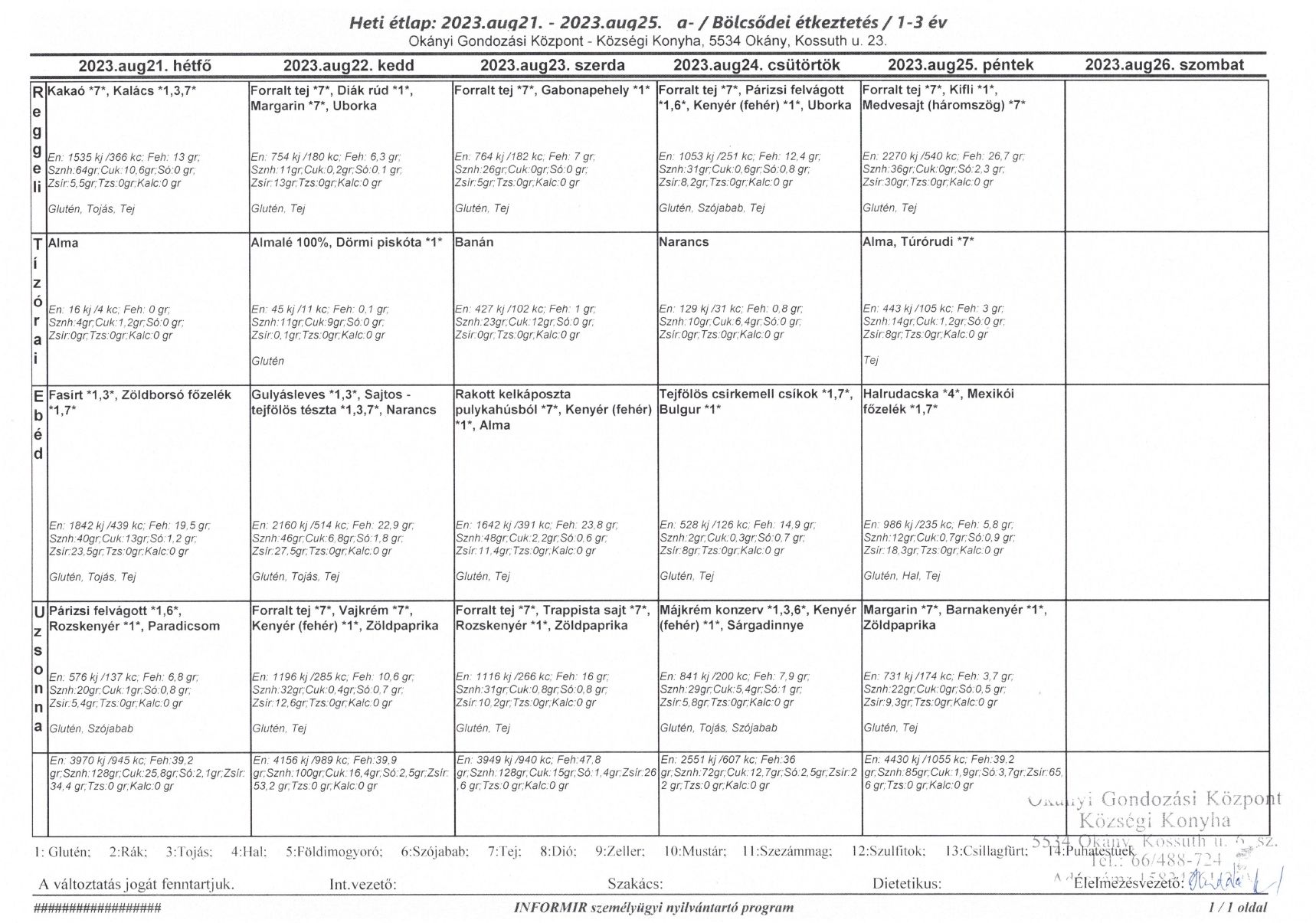 Korosztályos étlap 2023. 08. 21- 25