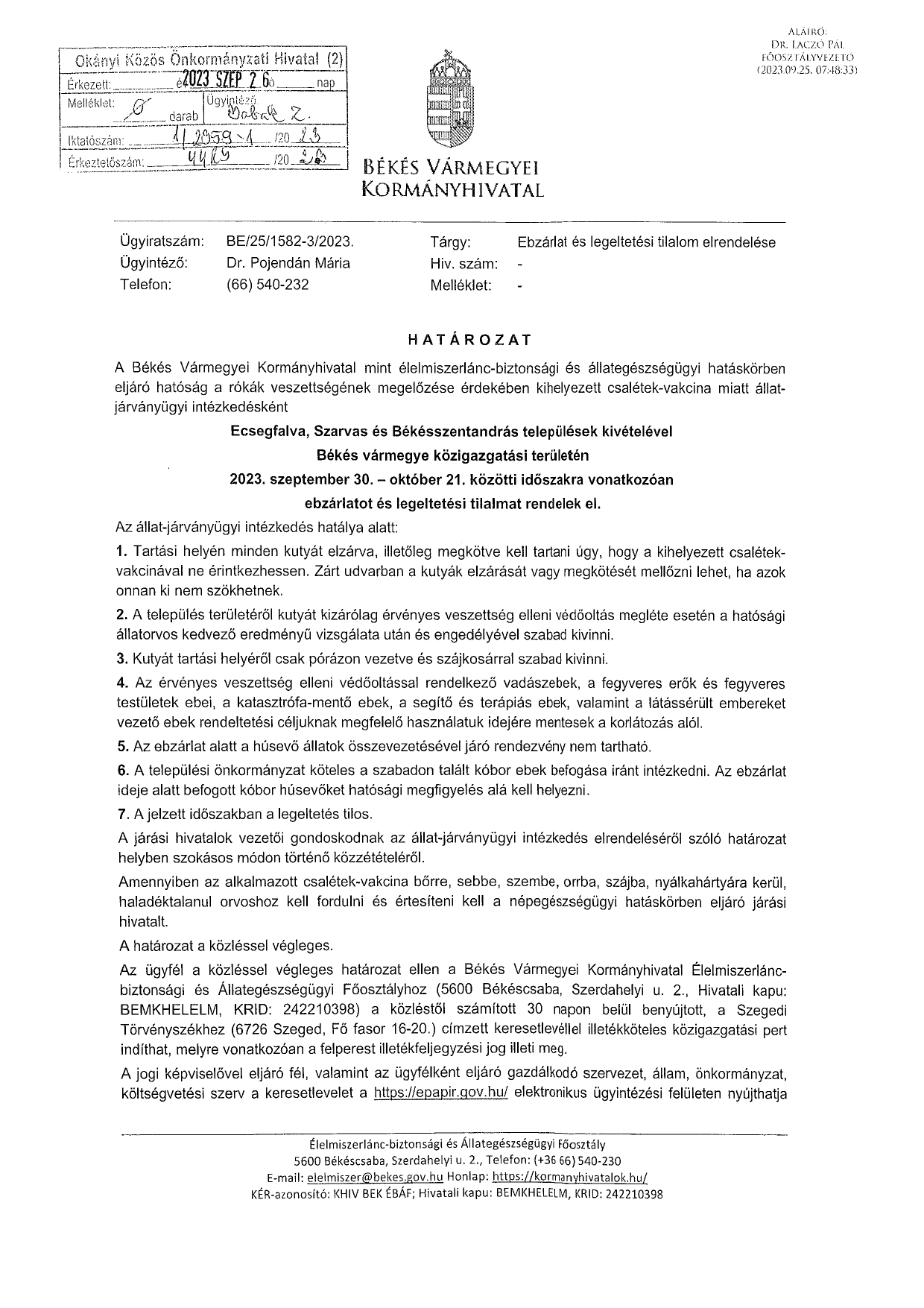 Értesítés ebzárlat és legeltetési tilalomról