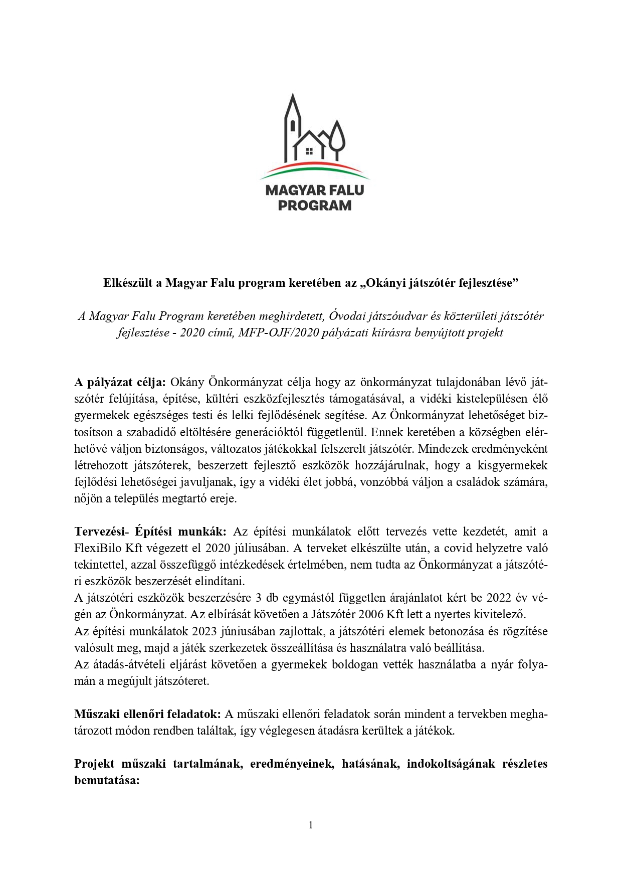 Magyar Falu Program játszótér fejlesztése Okányban