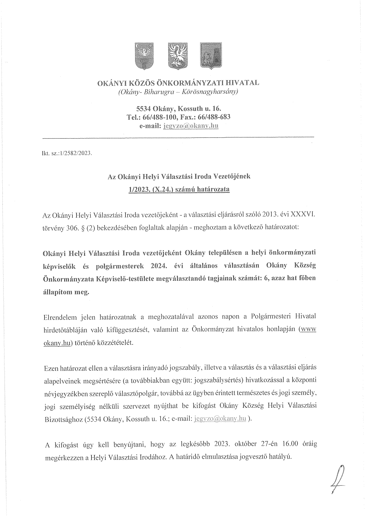 Az Okányi Helyi Választási Iroda Vezetőjének 1/2023(X.24.) számú határozata