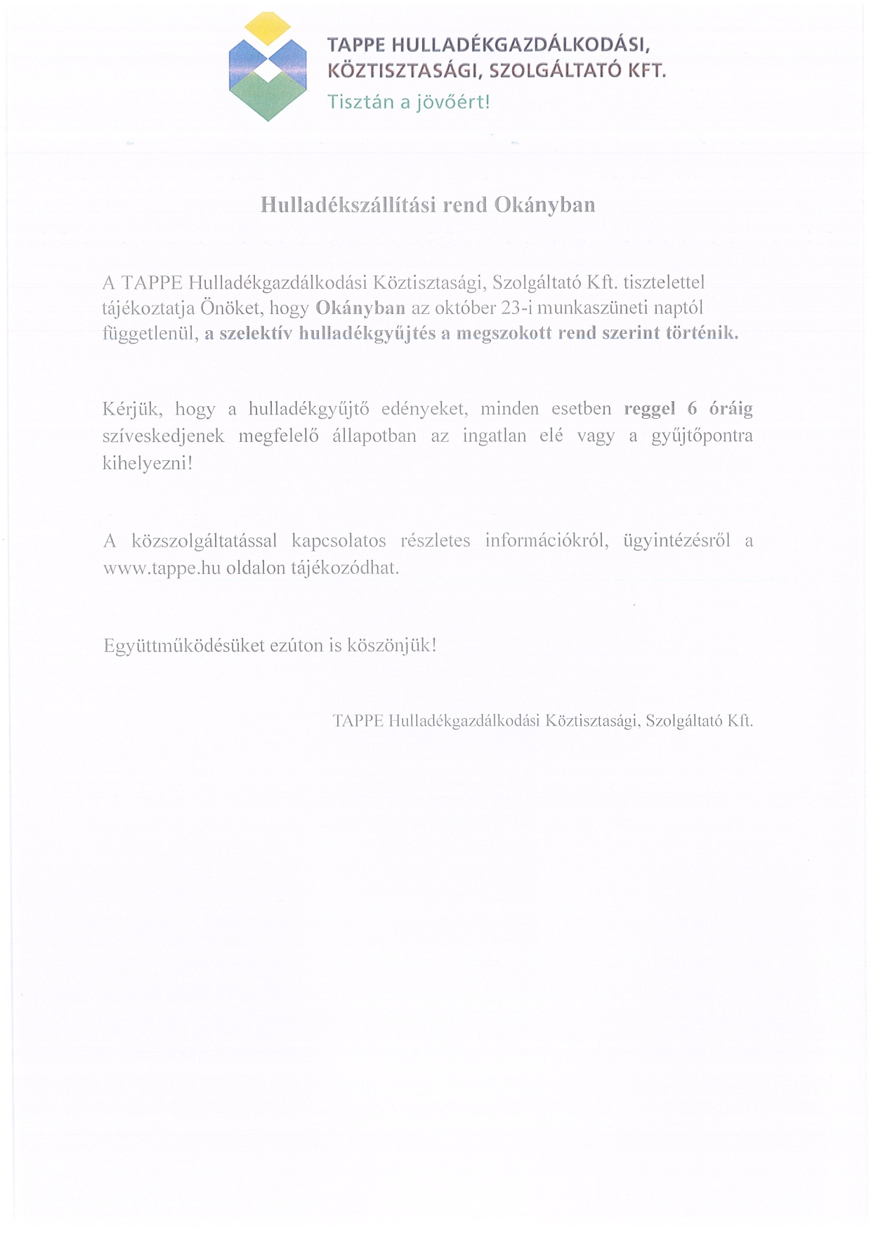 Tájékoztatás Tappe Kft hulladékszállítás