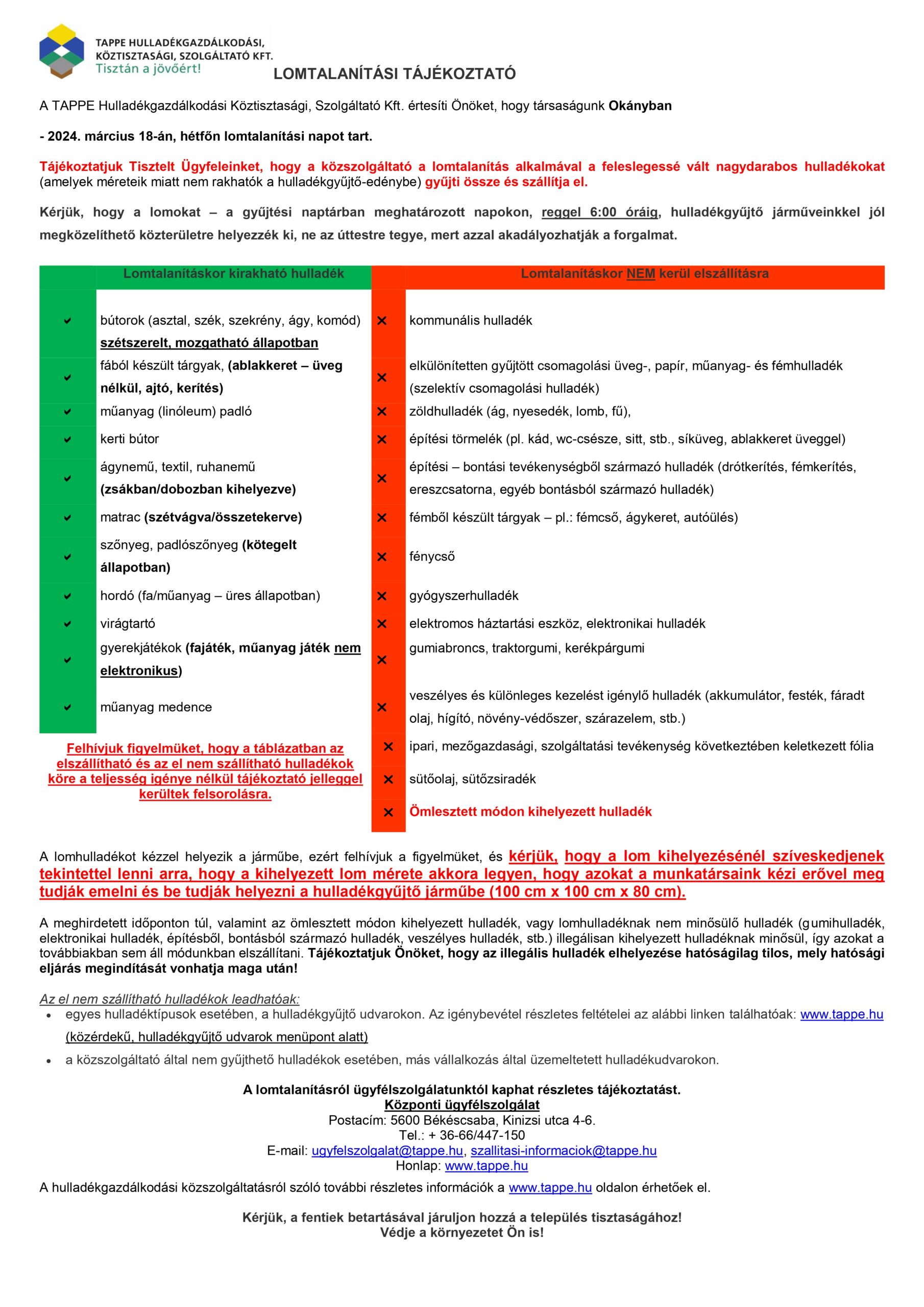 Lomtalanítási tájékoztató