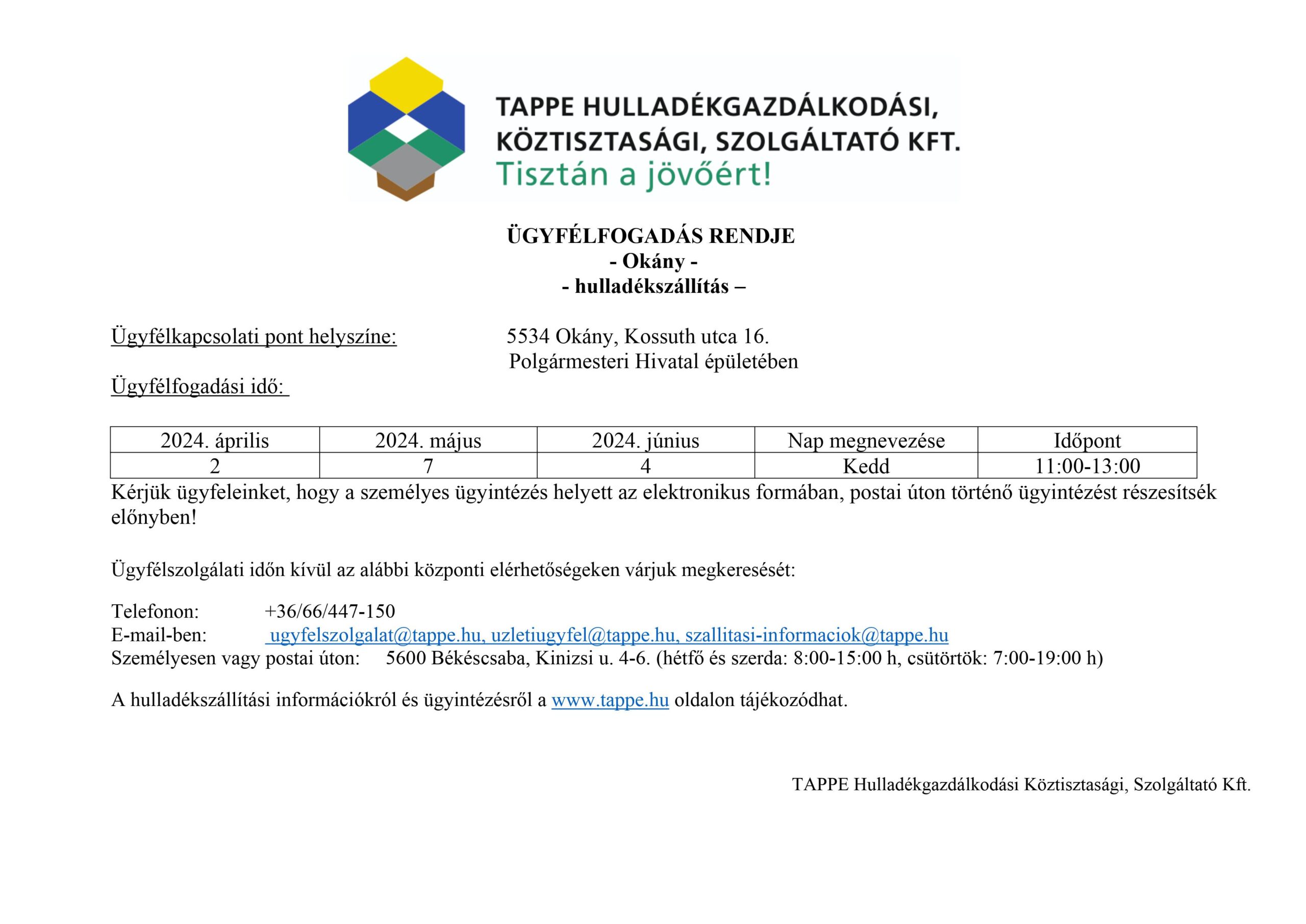 TAPPE Hulladékgazdákodási, Köztisztasági, Szolgáltató Kft. Ügyfélfogadás rendje