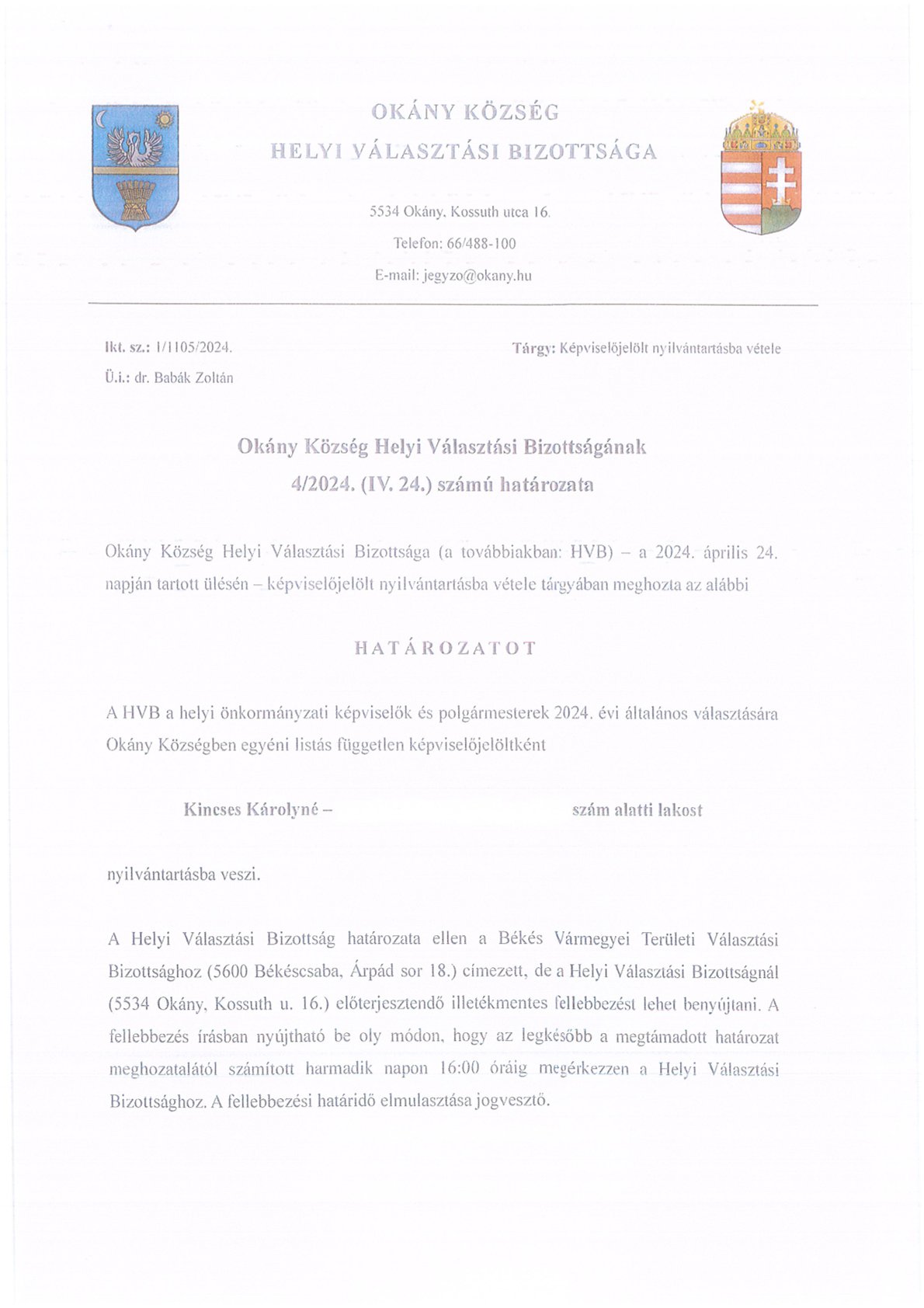 Okány Község Helyi Választási Bizottságának 4/2024.(IV.24.) számú határozata