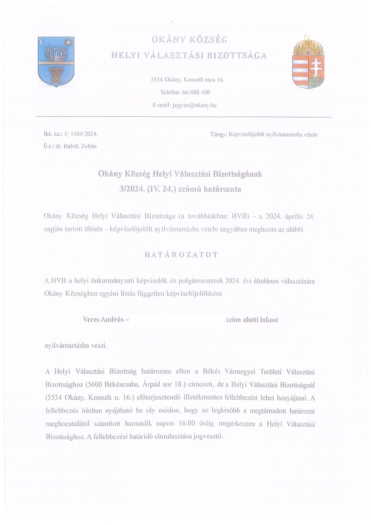 Okány Község Helyi Választási Bizottságának 3/2024.(IV.24.) számú határozata
