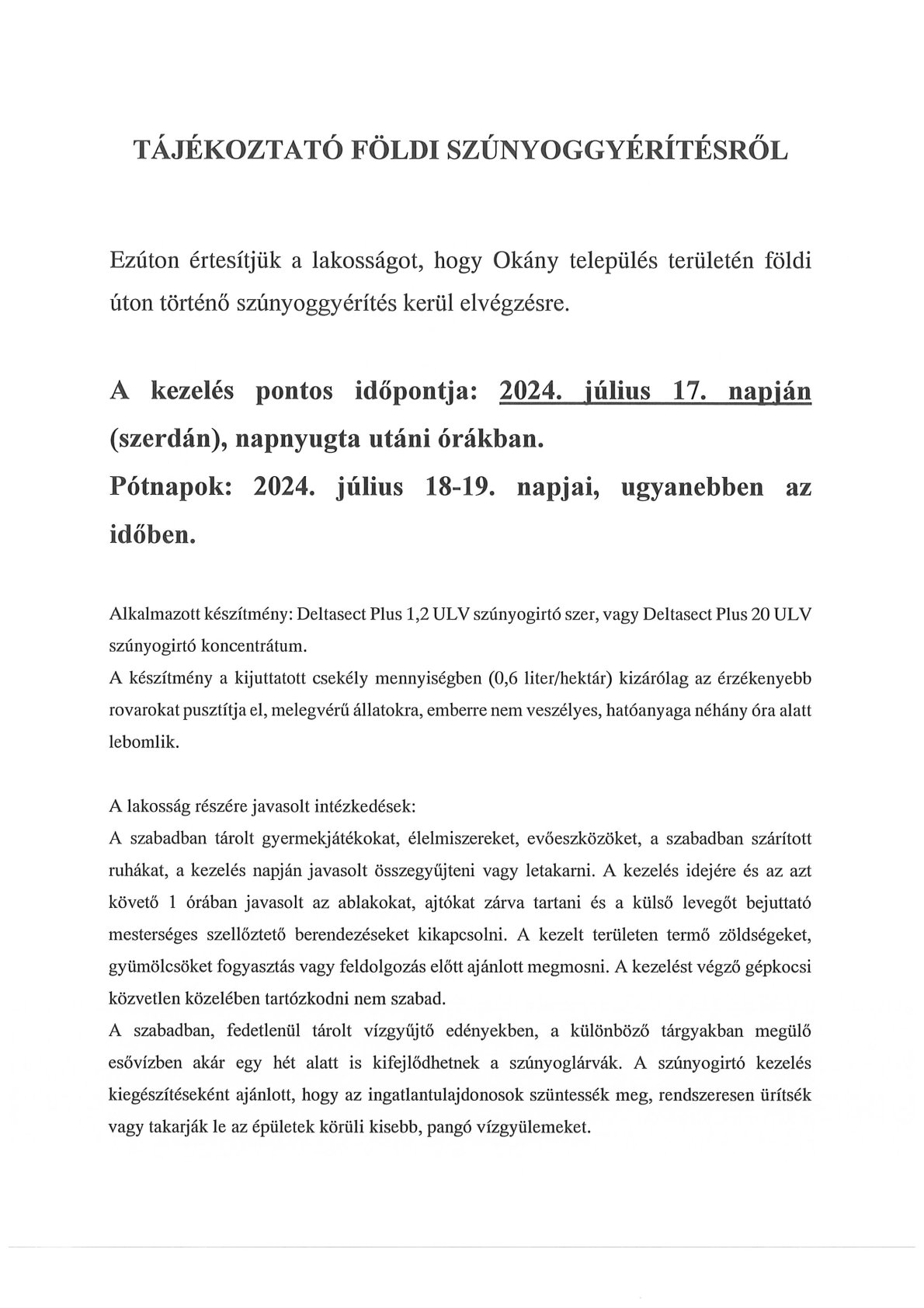 Tájékoztató földi szúnyoggyérítésről