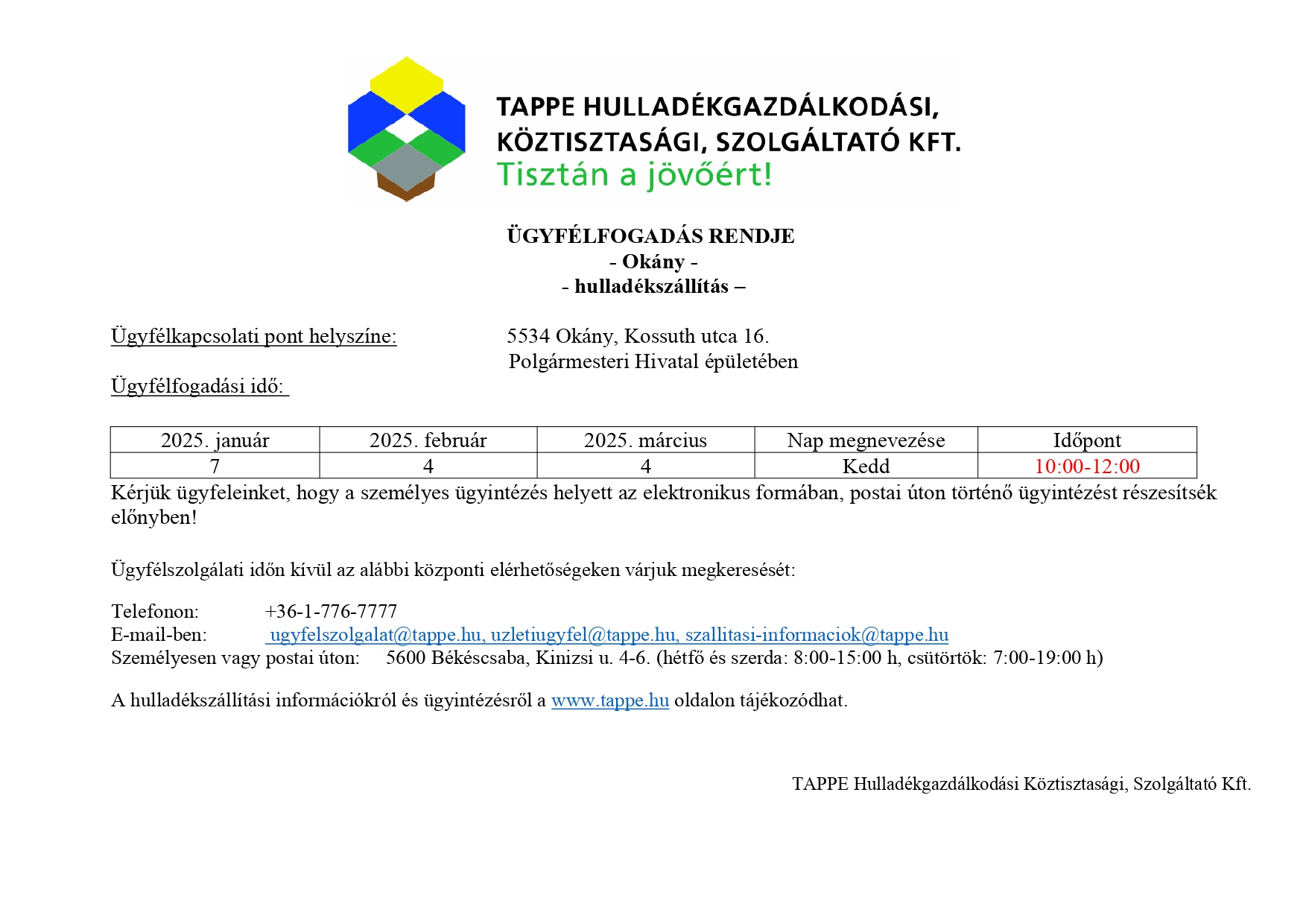 2025 I. Féléves hulladékszállítási naptár, I. negyedéves ügyfélfogadási rend, változási tájékoztató